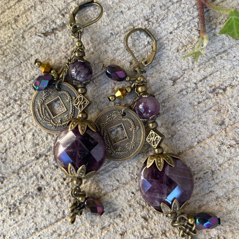 Dramatic 3 1/2” Amethyst Earrings w Chinese Coin Charms. Hippie, Boho Style.